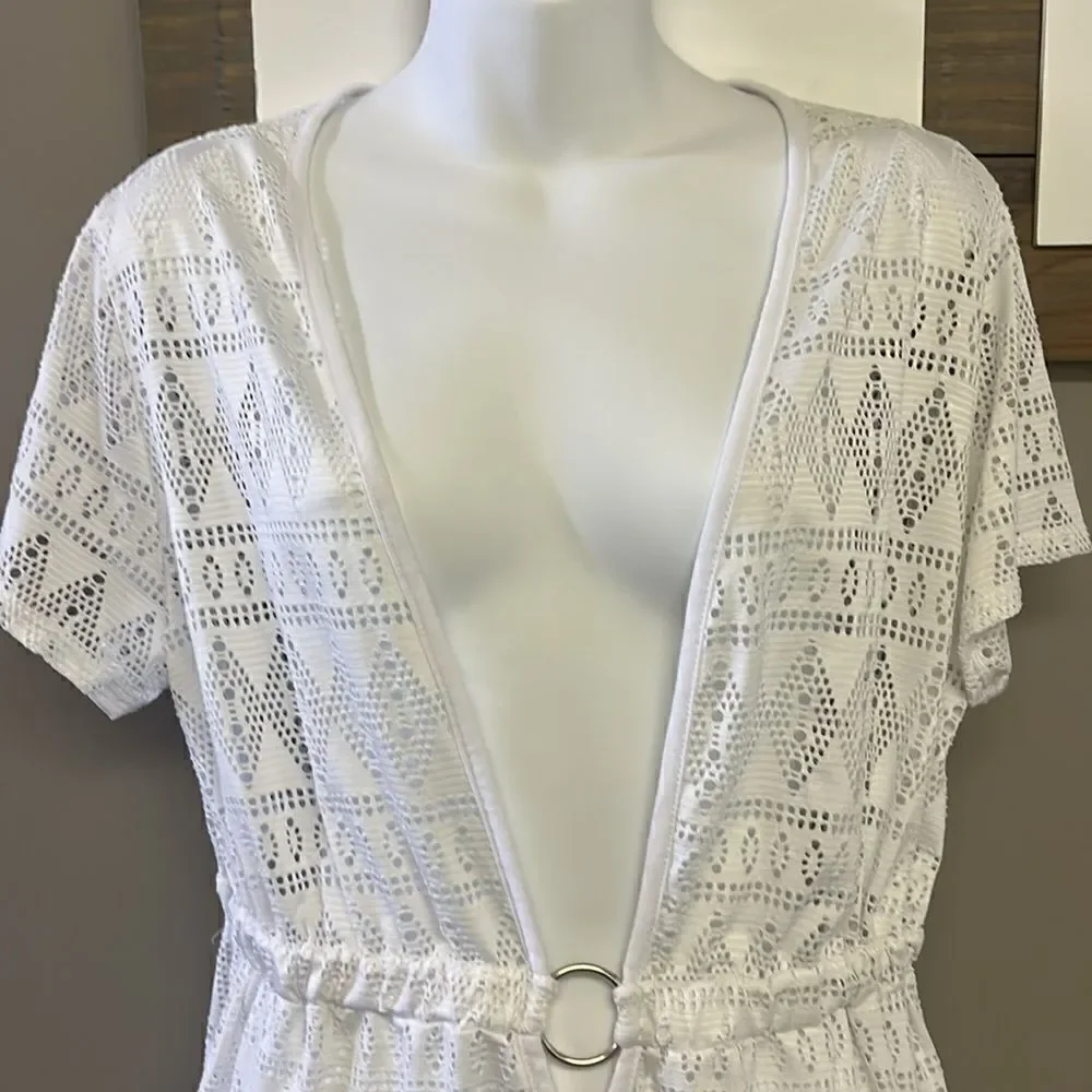 Tropical Escape White Eyelet Swim Plunging V-Neck Coverup w/Shirt Sleeves- 1X
